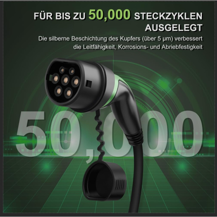 Зарядний кабель ECOPOINT тип 2 для електромобілів, 11 кВт, портативний 3-фазний зарядний кабель 16А, тип 2 до типу 2 Mennekes mode