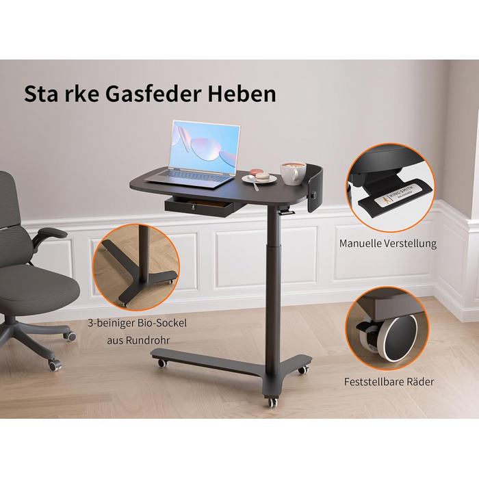 С-подібний журнальний столик, регульований по висоті з колесами, мобільний стіл з шухлядами, невеликий столик для ноутбука з регульованою висотою, пневматичний стоячий стіл для дивана, ліжко, вітальня, чорний, 75 x 45 см