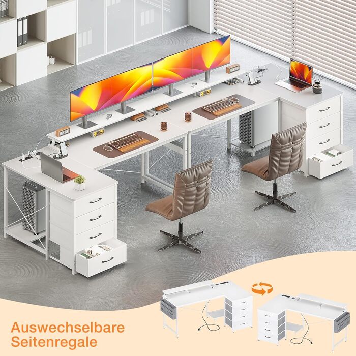 Кутовий стіл ODK білий, стіл L-подібної форми з 4 шухлядами, 140x80x84.7 см, стіл L-подібної форми двосторонній з портом для заряд