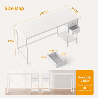Письмовий стіл CubiCubi з 2 шухлядами та гачком для навушників, 1205075 см. Невеликий комп&39ютерний стіл, офісний стіл, для кабінету, спальні, металевий каркас, білий. 120 x 50 см Білий біла ручка