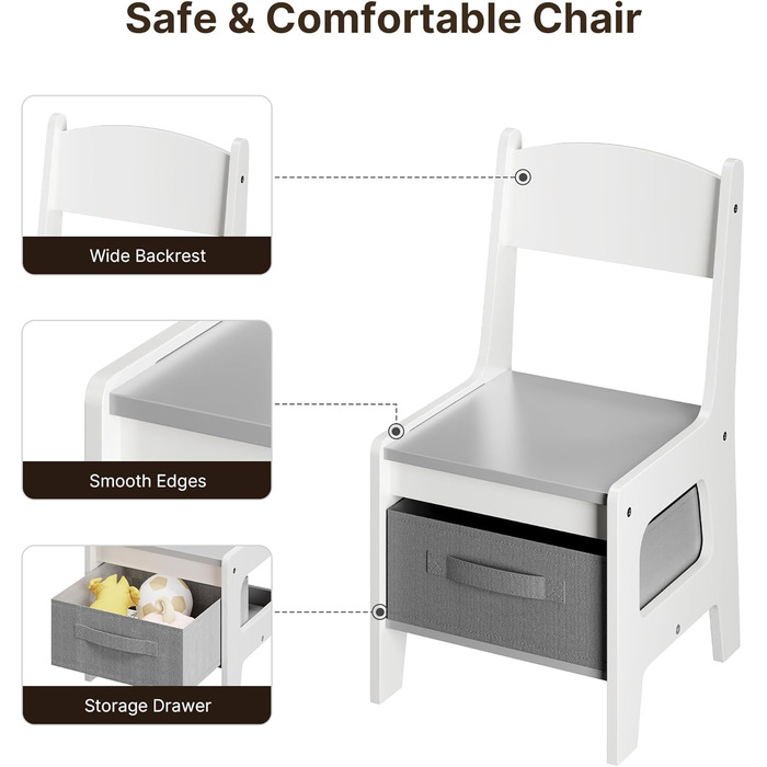 Дитячий стіл Xbro з 2 стільцями, дитячий стіл для малювання 4-в-1 з місцем для зберігання, багатофункціональний дерев&39яний дитячий комплект сидіння з книжковою полицею, для дітей віком від 3 років, 61,5 61,5 48 см, сірий