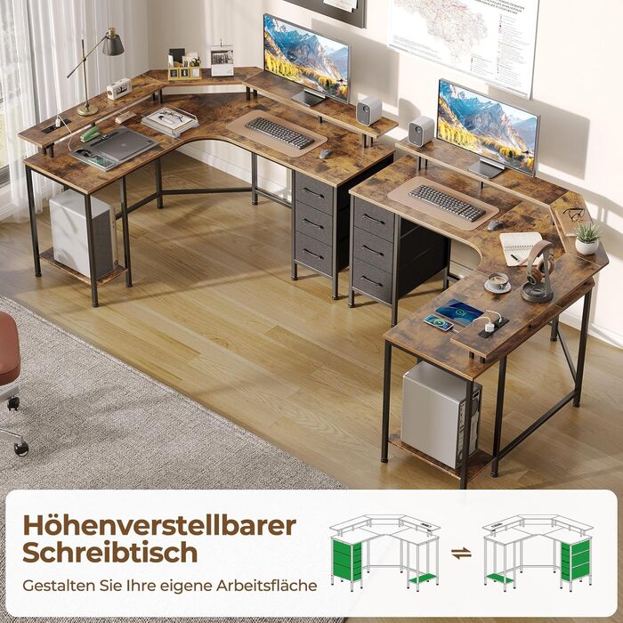 Г-подібний ігровий стіл на сім столів зі світлодіодним освітленням та розетками, кутовий стіл з 3 тканинними шухлядами та місцем для зберігання, комп&39ютерний стіл для домашнього офісу та ігор на ПК, рустикальний коричневий, 13513588 см, вінтажний коричн