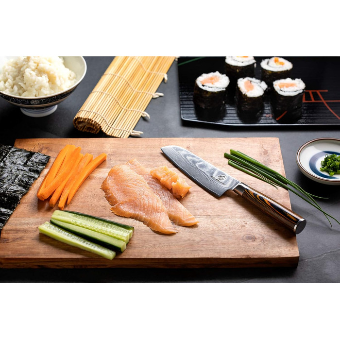 Ніж з дамаської сталі Вовча кров Сантоку L (24 см) Професійний кухарський ніж з натуральної 67-шарової дамаської сталі I Дамаський