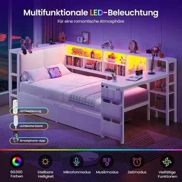 Диван-ліжко зі світлодіодним освітленням та зарядною станцією, дитяче ліжко 90x200 см зі столиком 35x112 см та двома великими шухлядами, ліжко 90x200 з кушеткою та м&39яким узголів&39ям, білий колір