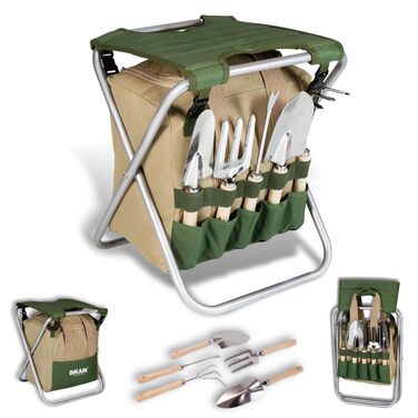 Складаний садовий табурет BIKAIN набір інструментів сумка для зберігання на блискавці включає 5 інструментів з деревяними ручками, коричневий