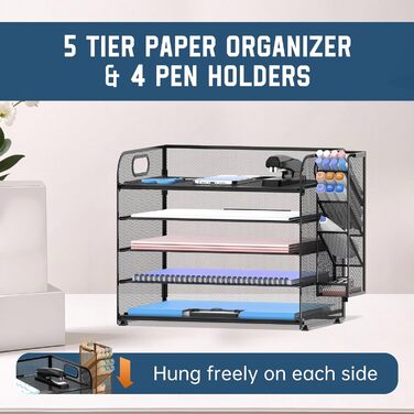 Рівневий органайзер для столу SUPEASY з ручкою, знімні тримачі для ручок, сітчастий органайзер для паперу/файлів для столу, органайзер для лотка для паперу та листів для офісного приладдя (чорний), 5-