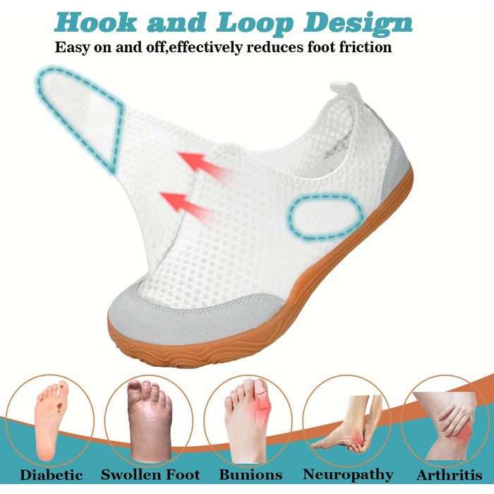 Діабетичне взуття Sisttke для жінок та чоловіків, широке, зручне, з підтримкою склепіння стопи, ортопедичні капці, дихаючі, регульовані, діабетичні капці, капці для артриту, розмір 42/43 EU, широкі, білі, розкішний сад