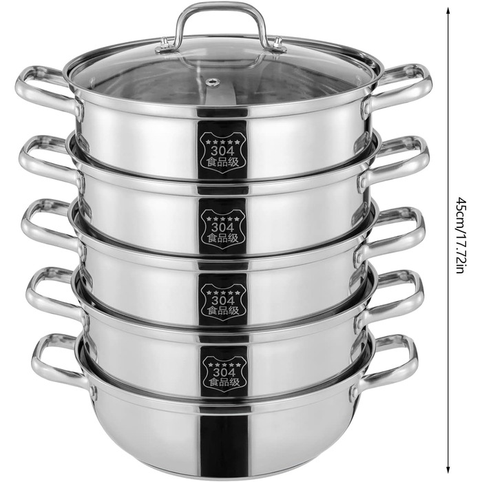 Пароварка 30 см, 5-ти ярусна пароварка з нержавіючої сталі зі скляною кришкою Індукційна каструля Пароварка підходить для всіх тип