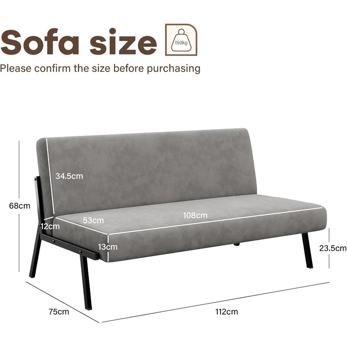 Двомісний диван Dripex, сучасний тканинний диван з металевим каркасом, диван-ліжко зі спинкою, двоспальний диван для вітальні/спальні, вантажопідйомність 150 кг, 112 x 75 x 68 см, сірий