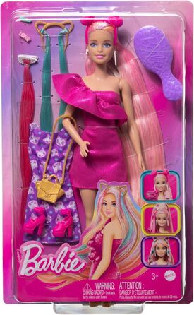 Лялька Barbie, Fun & Fancy Hair з наддовгим барвистим світлим волоссям і блискучою рожевою сукнею, 10 аксесуарів для зачіски та мо
