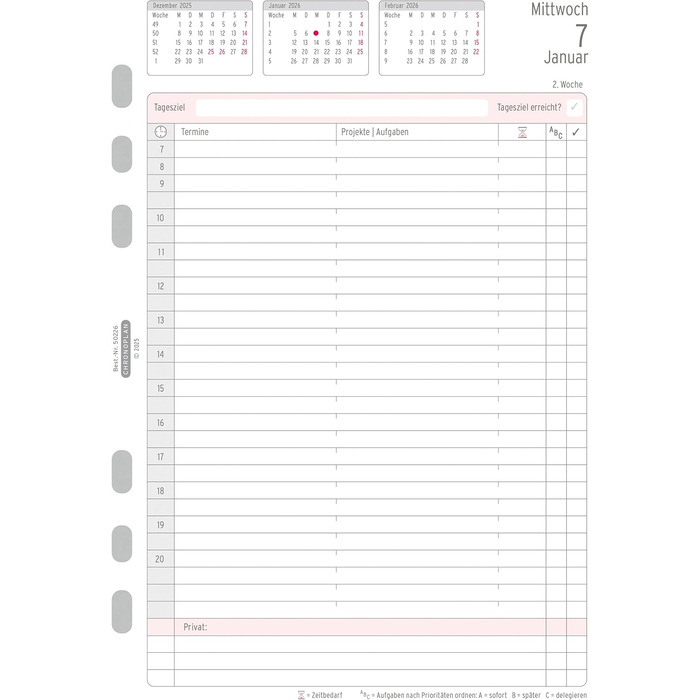 Вкладиш-календар Chronoplan 50226 2026 (щоденник A5 (148x210 мм), змінний календар для планувальників зустрічей, щоденний планувальник, ідеально підходить для детального щоденного планування, 1 день на сторінці, з універсальним перфоратором) білий
