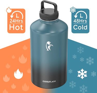 Пляшка для води Coolflask, ізольована, з соломинкою та 3 кришками, велика вакуумна пляшка з нержавіючої сталі, широкий отвір для с