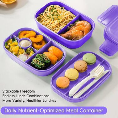 Великий обідній бокс-бенто для дорослих, 1901 мл, герметичний контейнер для ланчу з набором столових приборів для роботи, пікніка та їжі. Колір фіолетовий