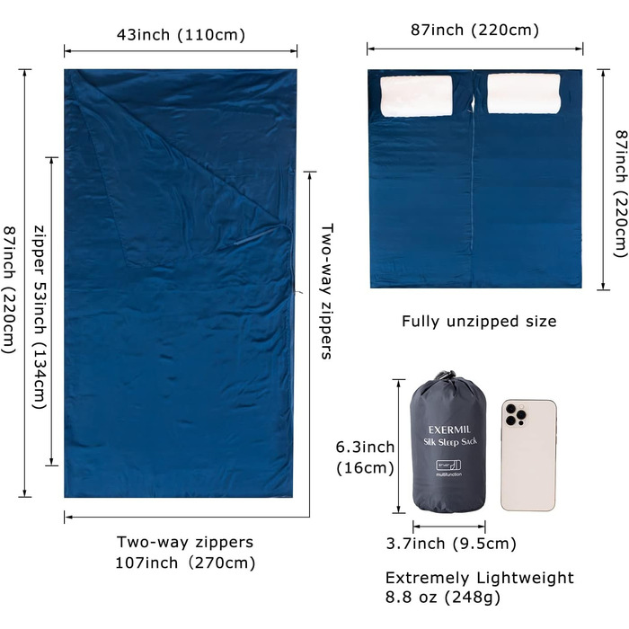 Шовковий спальний мішок EXERMIL на блискавках по всьому периметру, великі простирадла 22109,2 см для готелів, багатофункціональні туристичні простирадла (без блискавки 22221 см) для дорослих, легкі Для всіх сезонів