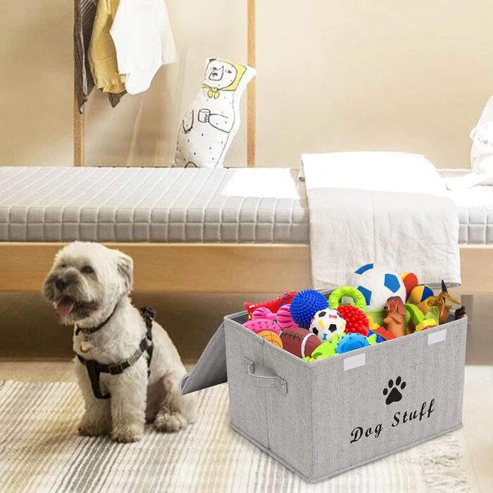 Великий лляний ящик Pethiy з кришкою для аксесуарів для собак - Складаний подвійний сітчастий кошик з ручками, для іграшок та одягу для собак - 43 x 31 x 26 см (Сірий у смужку)
