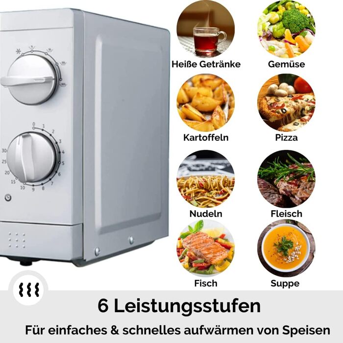 Мікрохвильова піч PKM Підставка під стільницею I 700 Вт Потужність мікрохвильової печі I 17 л Варильна камера i 6 рівнів потужності i Функція розморожування i Металевий корпус i Поворотний стіл (24,5 см) i Таймер 30 хвилин I блокування від дітей I Натиска