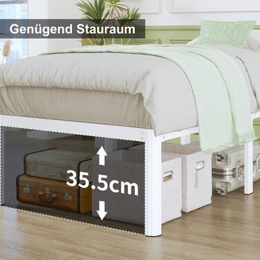 Металеве ліжко 140x200 см із закругленими кутовими ніжками, висота 41 см, ліжко з рейковою основою, металевий каркас ліжка, двоспальне ліжко з місцем для зберігання під ліжком, безшумне, легке складання, біле 140 x 200 см