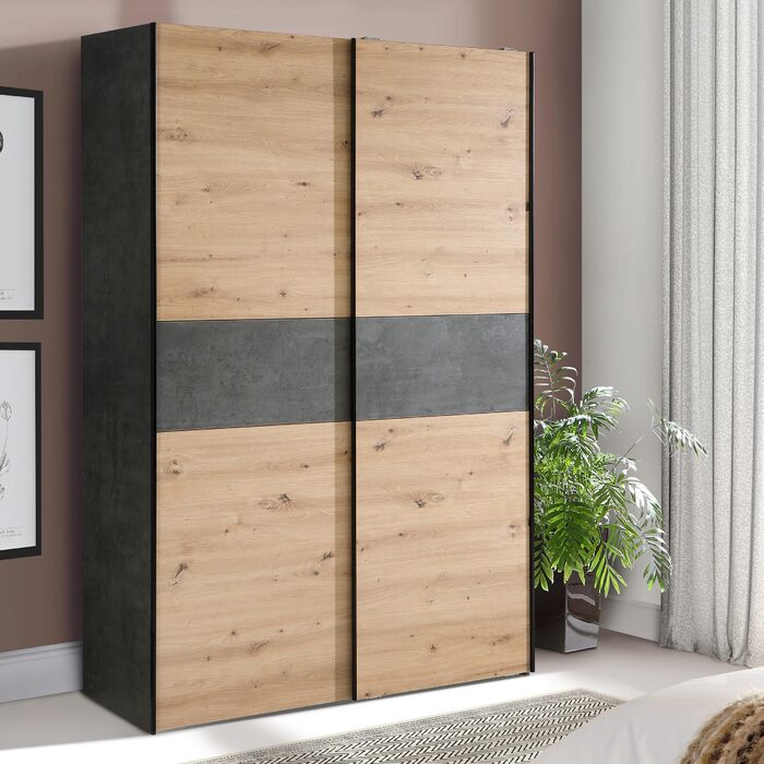 Класична шафа Forte OZZULA 120, шафа з двома розсувними дверима, інженерна деревина, декор дуба Artisan з акцентами під бетон, ширина 120 см, висота 190,5 см, глибина 61,2 см