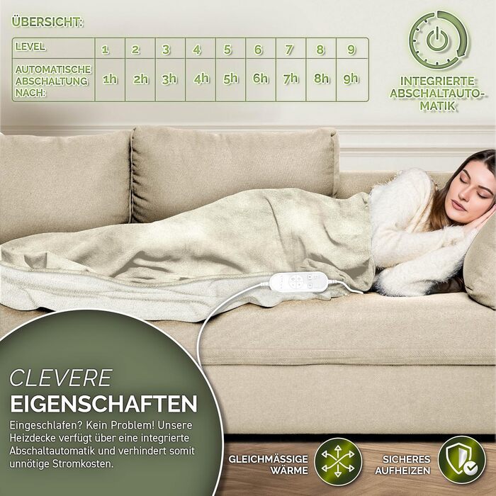 Електрична ковдра з автоматичним вимкненням, 200 x 180 см Електрична ковдра з підігрівом та 9 температурними режимами Затишна ковдра для ліжка, дивана Електрична ковдра з таймером та цифровим дисплеєм, 200 x 180 см, бежева
