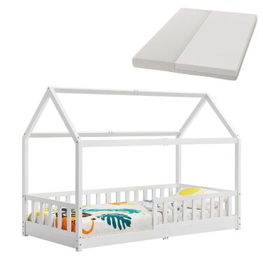 Дитяче ліжко Juskys Marli 90 x 200 см з матрацом, захисними поручнями, рейковою основою та дахом - Ліжко-будиночок з масиву дерева для дітей - Ліжко білого кольору