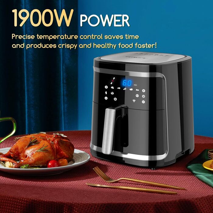 Інтелектуальна фритюрниця, 1900 Вт, 7 літрів, Wi-Fi аерофритюрниця, світлодіодний сенсорний екран, 7 програм, 20 рецептів pdf, меню своїми руками.