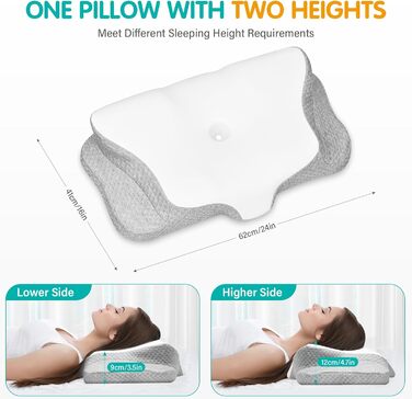 Подушка з піни з ефектом пам&39яті, подушка для шиї, подушка для голови, ергономічна подушка для підтримки шиї, подушка для сну на боці, спині та животі, 62x49/12 см, білий/сірий