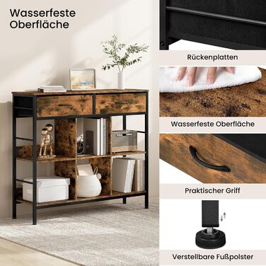 Полиця, книжкова шафа з 2 шухлядами, 6 відкритих відділень, окремостояча полиця з металевим каркасом, полиця для зберігання, для вітальні, кабінету, спальні, рустикальний коричневий, чорний вінтажний коричневий