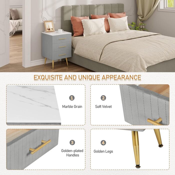 Комплект із 2 приліжкових тумбочок/тумбочек для ліжка з пружинним матрацом, 3 шухляди з масиву дерева, комод/сервант, легке складання, висота та вантажопідйомність, 40,5x460 см, сірий TS135gr-2 3 шухляди сірий 2