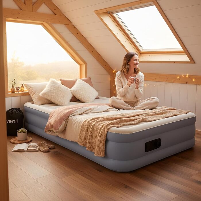 Самонадувальний надувний матрац/ліжко AVENLI для 1 особи, 1999x33 см, надувне гостьове ліжко з вбудованим насосом, висока спальна поверхня, флокована поверхня для кемпінгу та дому