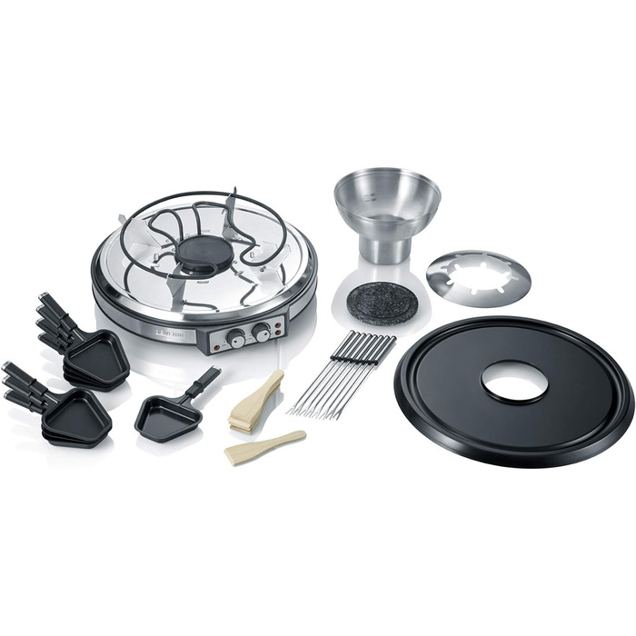 Комбінація SEVERIN Raclette-fondu, 1900 Вт, раклет на 8 осіб з каменем для гриля, комбінація раклету і фондю 2 в 1 з 8 сковородами, скребками і виделками для фондю, RG 2348