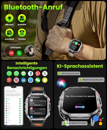 Розумний годинник для чоловіків, 2,13-дюймовий AMOLED чоловічий військовий розумний годинник, світлодіодний ліхтарик, компас, понад 100 спортивних режимів, фітнес-годинник, акумулятор 580 мАг, Bluetooth-дзвінки для iOS та Android (чорний)