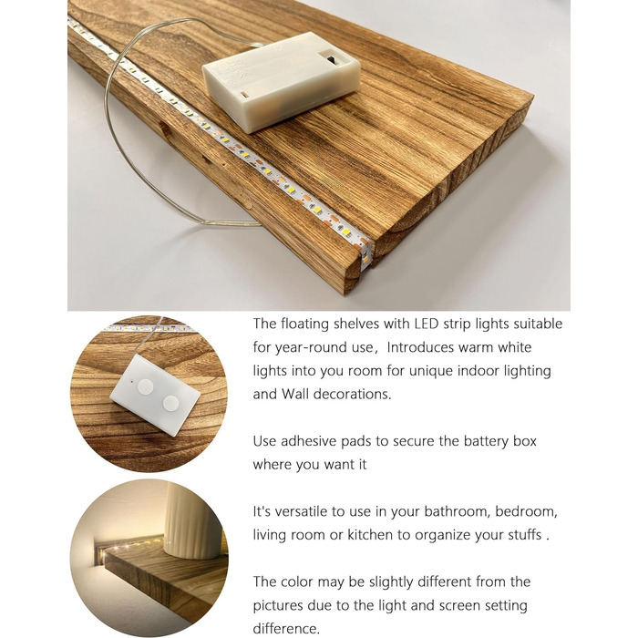Полиці для ванної кімнати Плаваючі полиці для настінного декору Дерев&39яні настінні полиці для зберігання зі світлодіодними стрічковими світильниками над туалетом Плаваюча полиця для ванної кімнати, підвісна для книг, кутова вітальня, спальня, декор кухн
