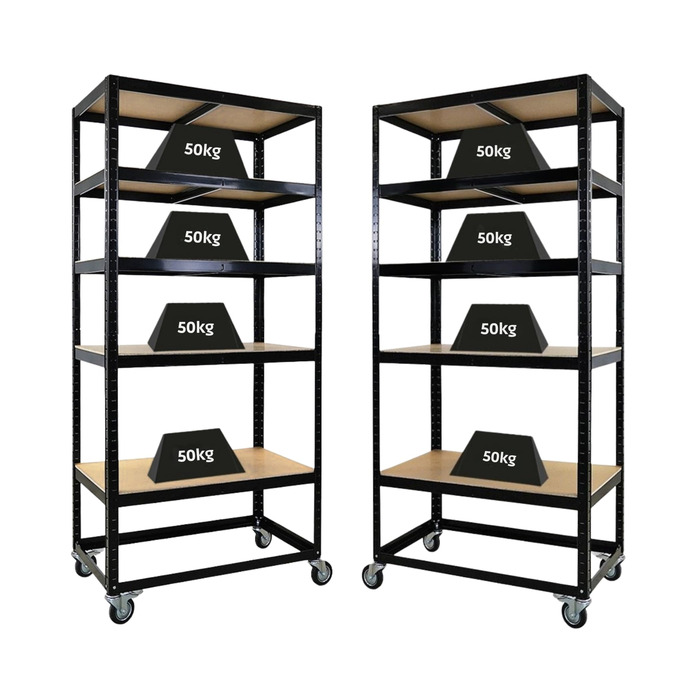 Комплектувальний візок BUFFALO Мобільний комплектувальний стелаж 192x90x50 см 5 полиць Навантаження на полицю 50 кг 2 шт. поворотні ролики та 2 шт. поворотні ролики з фіксуючим гальмом Чорна полиця на колесах Комплект візків для полиць з 2 предметів - 192