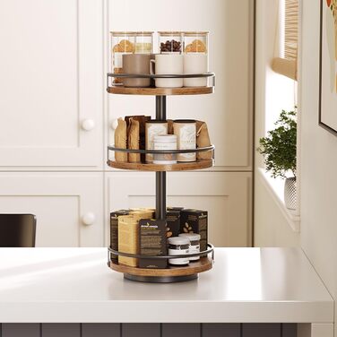 Підставка для спецій HOOBRO, кухонна полиця, 3-рівнева обертова підставка для спецій, кухонний органайзер, тримач для спецій, для кухонної стільниці, туалетного столика, обіднього столу, рустикальний коричневий та чорний EBF09TL01 25 x 25 x 48 см рустикал