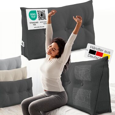 Подушка для спинки ELONEO шириною 100 см, клиноподібна подушка, підходить для ліжка та дивана, трикутна подушка для читання, подушка зі знімним чохлом, який можна прати, з практичною бічною кишенею, антрацит, 100 см