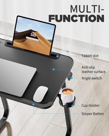 Журнальний столик SAIJI, подвійне використання піднос для сніданку/столик для ноутбука, стійкі U-подібні ніжки, журнальний столик, столик над ліжком, регульований кут нахилу, з відділенням для планшета та тримачем для напоїв, 55 x 39 см, чорний