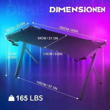 Ігровий стіл Froadp зі світлодіодним освітленням, комп&39ютерний стіл, ігровий стіл з підсклянником та гачком для навушників, ергономічний ігровий стіл, сучасний ПК-стіл з МДФ та сталі, чорний, 160x60x75 см