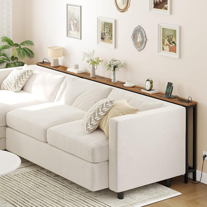 Вузький консольний столик HOOBRO, бічний столик довжиною 140 см, диванний столик із зарядною станцією, передпокійний столик, за диваном, у вітальні, у коридорі, металевий каркас, вінтажний коричнево-чорний EBF145CXG01 Вінтажний коричневий чорний