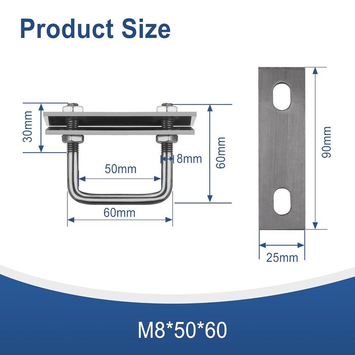 Гвинт M8, U-подібний різьбовий кронштейн, 8 шт. квадратних болтів, U-болти затискачі, U-болти для саду, автофургонів, DIY, сонячна установка та кріплення 8 шт. M8x50x60MM