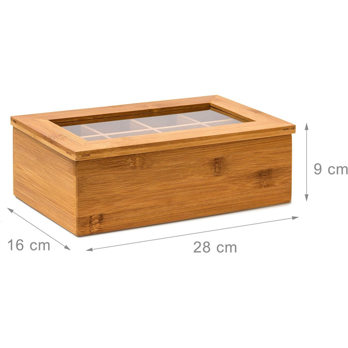 Коробка для чаю Relaxdays на 8 відділень, бамбук, для зберігання пакетиків чаю, коробка для чаю з віконцем, ВхШхГ 9 х 28 х 16 см,