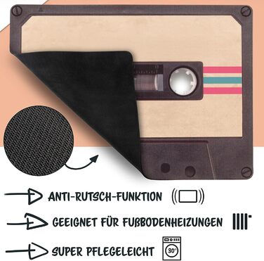 Килимок для приміщень та вулиці 50x70 см - плоский та нековзний - ретро-дизайн касети - килимок, який можна прати, для чистого взуття та стильного, сучасного вхідного отвору