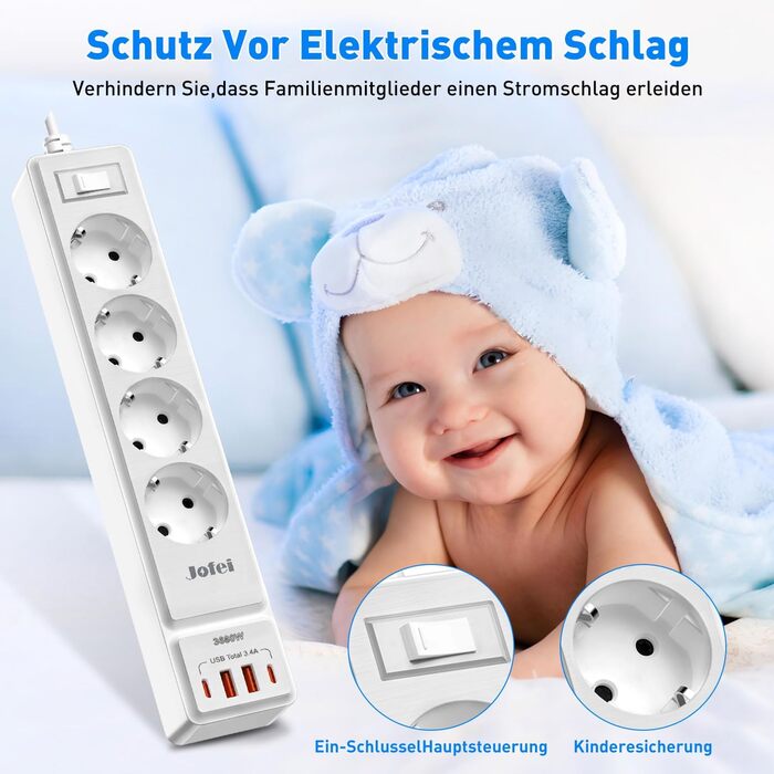 Мережевий фільтр 8 n 1 розетка з USB, 3680 Вт з вимикачем, захист від перенапруги 16А, багатоконтактна вилка з 2 розетками USB C д