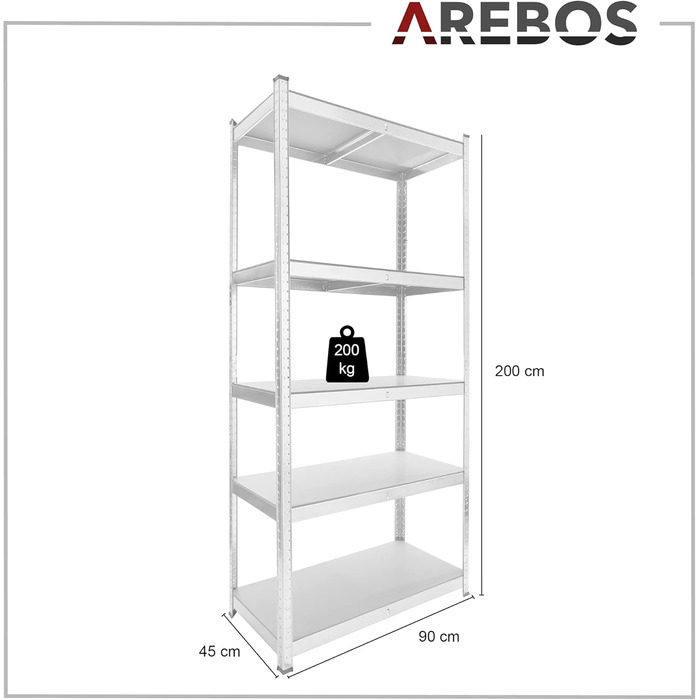 Міцний стелаж Arebos 200x90x45 см Вантажопідйомність 1000 кг 5 полиць з МДФ Легке складання за допомогою вставної системи, без потреби в гвинтах Стелаж, стелаж для зберігання, стелаж для підвалу, вставний стелаж, стелаж для майстерні Оцинкований