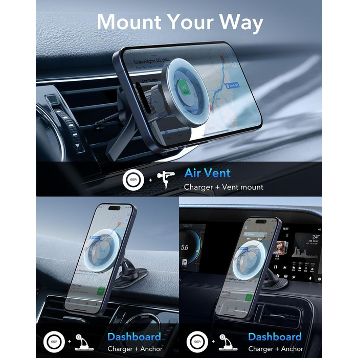 Автомобільний тримач для мобільного телефону ESR для автомобільного кріплення Magsafe, вентиляційний / приладовий магнітний автомо