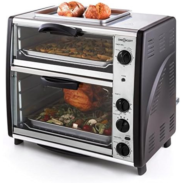 Подвійна духова шафа oneConcept All-You-Can-Eat - електрична духовка, дві окремі камери для випічки, загальний об'єм 42 літри, пластина для гриля, 2400 Вт, регульована температура 60-240C, нержавіюча сталь, срібло