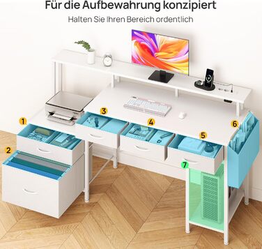 Письмовий стіл Rolanstar з розеткою, комп&39ютерний стіл з 5 шухлядами, світлодіодним освітленням, сумкою для зберігання та підставкою для монітора, сучасний кутовий стіл для домашнього офісу та ігор (білий)
