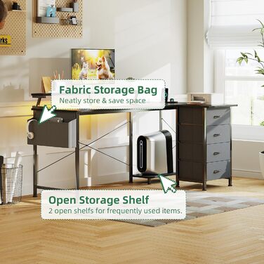 Г-подібний ігровий стіл VERMESS з 4 шухлядами, 160 см, двосторонній, столи для домашнього офісу з розетками, Г-подібний комп&39ютерний стіл з портом зарядки USB та підставкою, кутовий стіл 160,02 см чорний