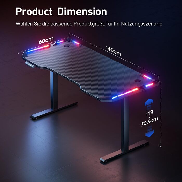 Стіл з регулюванням висоти 140 x 60 см, ігровий стіл зі світлодіодним освітленням, електричний стіл, стіл для роботи сидячи та стоячи з вуглецевим волокном, електричний комп&39ютерний стіл з 3-функційною пам&39яттю, чорний