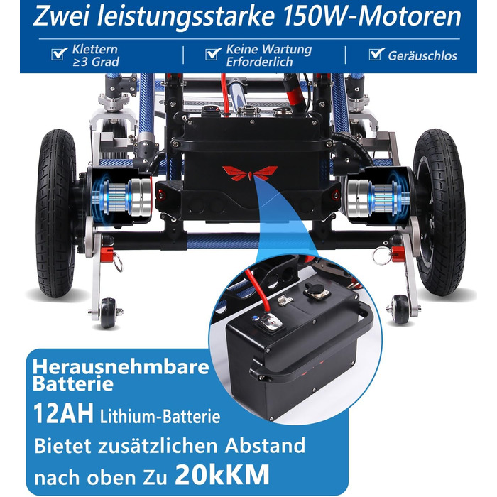 Портативні електричні інвалідні коляски Broobey з вуглецевого волокна для дорослих, легка електрична інвалідна коляска для людей похилого віку Support 120 кг, електричні інвалідні візки складні, 25 км Long Range Blue