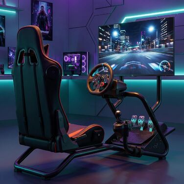 Підставка для керма гоночного симулятора з 3D стереодинаміками, кріпленням для монітора, регульованим кріпленням керма, кріпленням для важеля перемикання передач та педалями (червона)